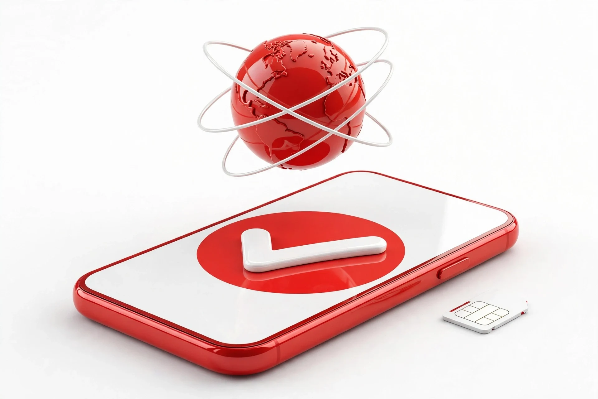 GlobeOne app TM SIM registration: red smartphone with a checkmark, globe and SIM card
