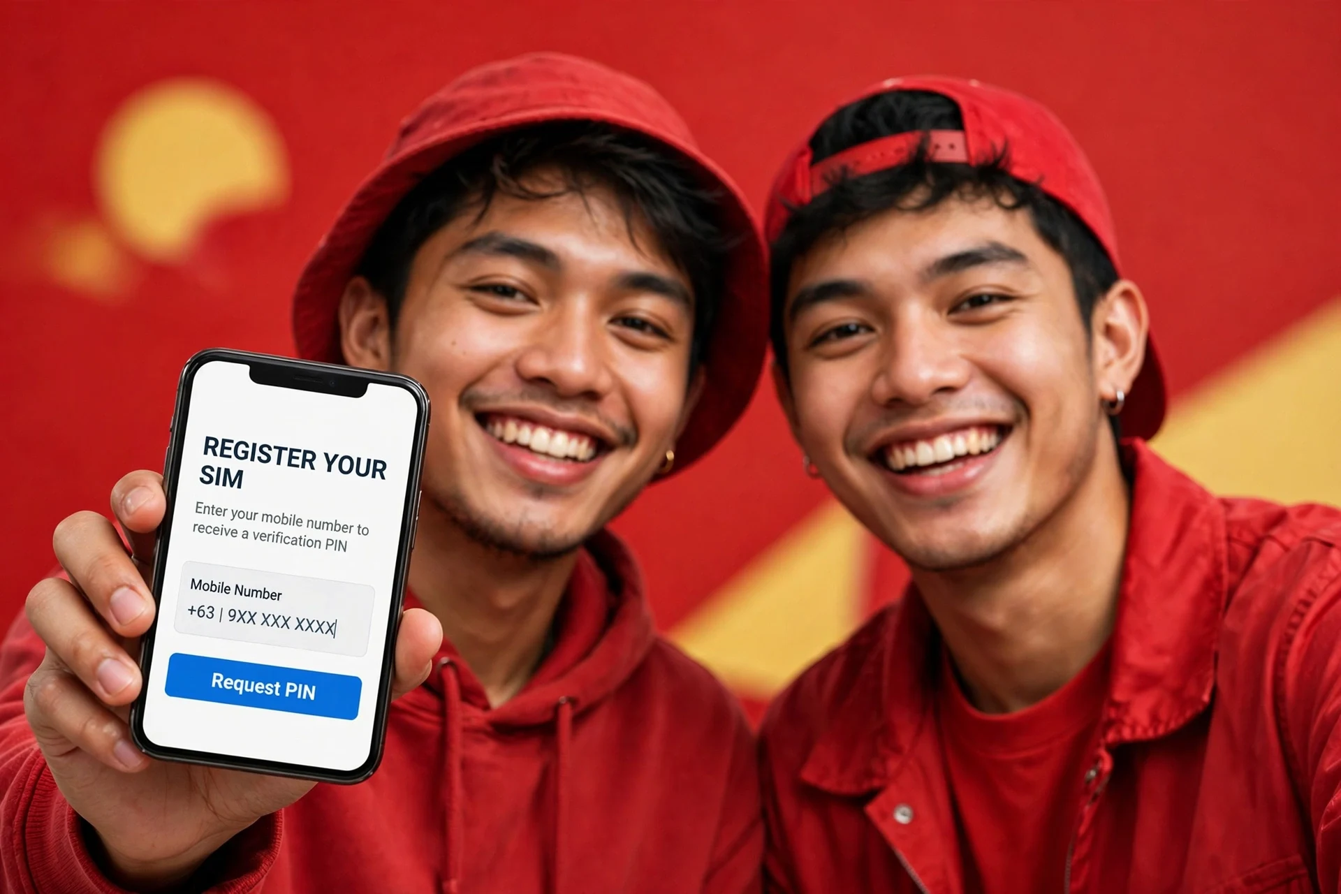 TM SIM registration hero: two smiling people in red holding a phone showing the Request PIN screen