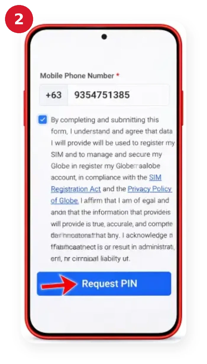 TM SIM registration step 2: enter your TM mobile number and tap Request PIN on the Globe portal