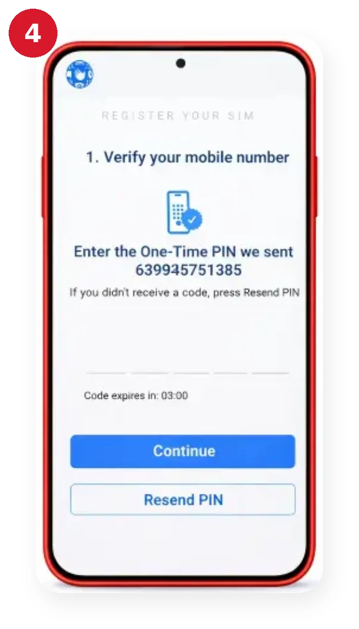 TM SIM registration step 4: enter the One-Time PIN (OTP) to verify your TM mobile number