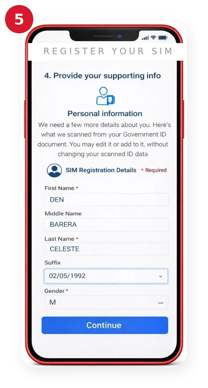 TM SIM registration step 5: fill in your full name, birthdate, gender and address