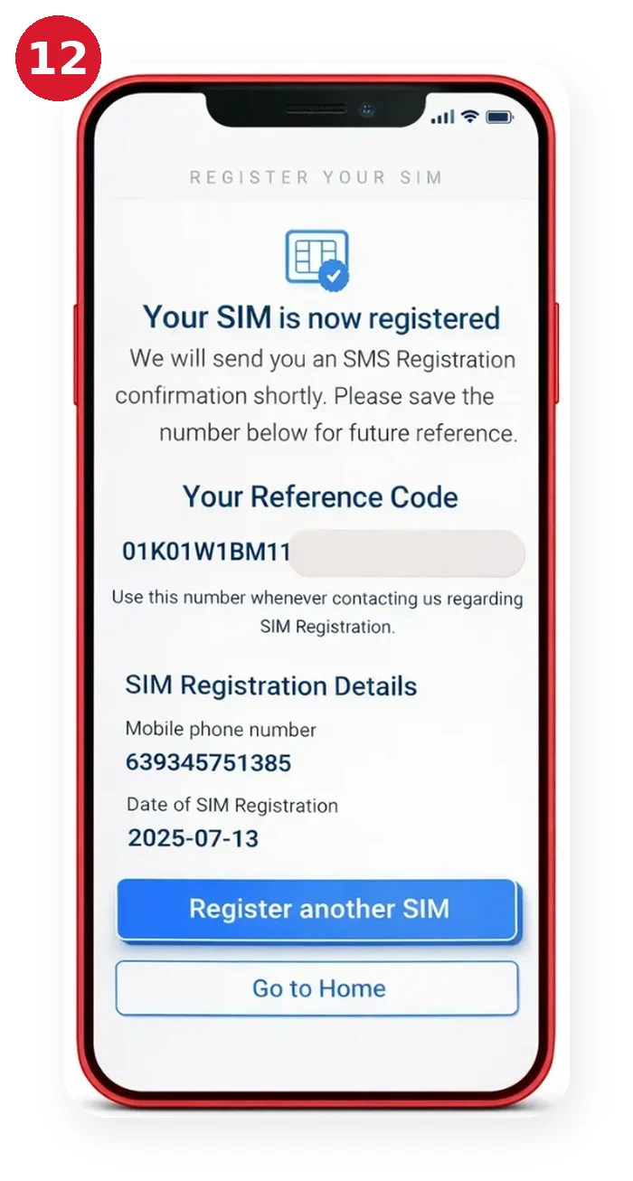 TM SIM registration step 12: SIM is now registered, save your reference code